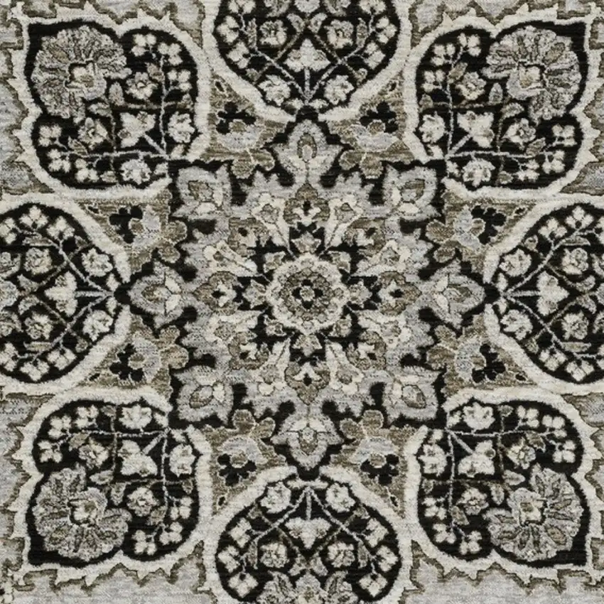 Gray And Black Medallion Area Rug With Fringe Photo 8