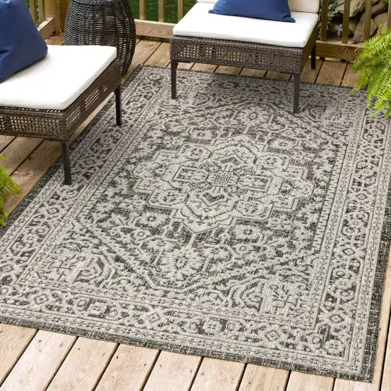 Gray And Black Medallion Indoor Outdoor Area Rug Photo 9