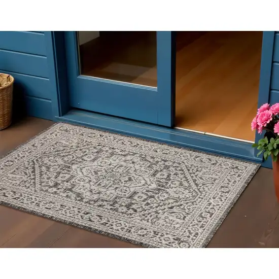 Gray And Black Medallion Indoor Outdoor Area Rug Photo 1
