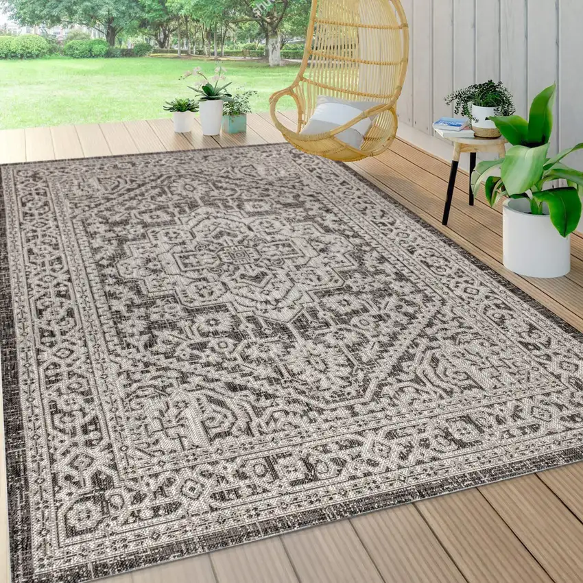 Gray And Black Medallion Indoor Outdoor Area Rug Photo 8
