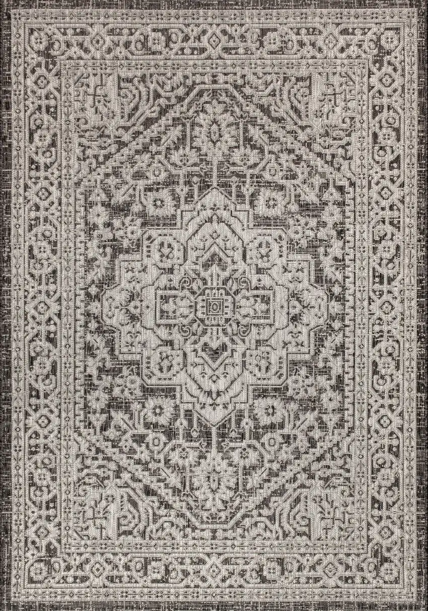 Gray And Black Medallion Indoor Outdoor Area Rug Photo 1