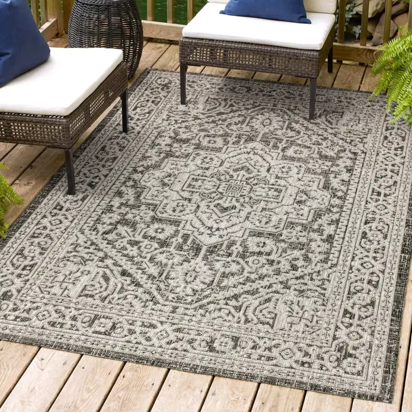 Gray And Black Medallion Indoor Outdoor Area Rug Photo 9