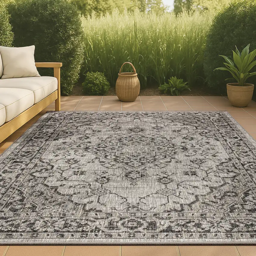 Gray And Black Medallion Indoor Outdoor Area Rug Photo 4