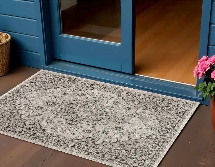 Gray And Black Medallion Indoor Outdoor Area Rug Photo 1