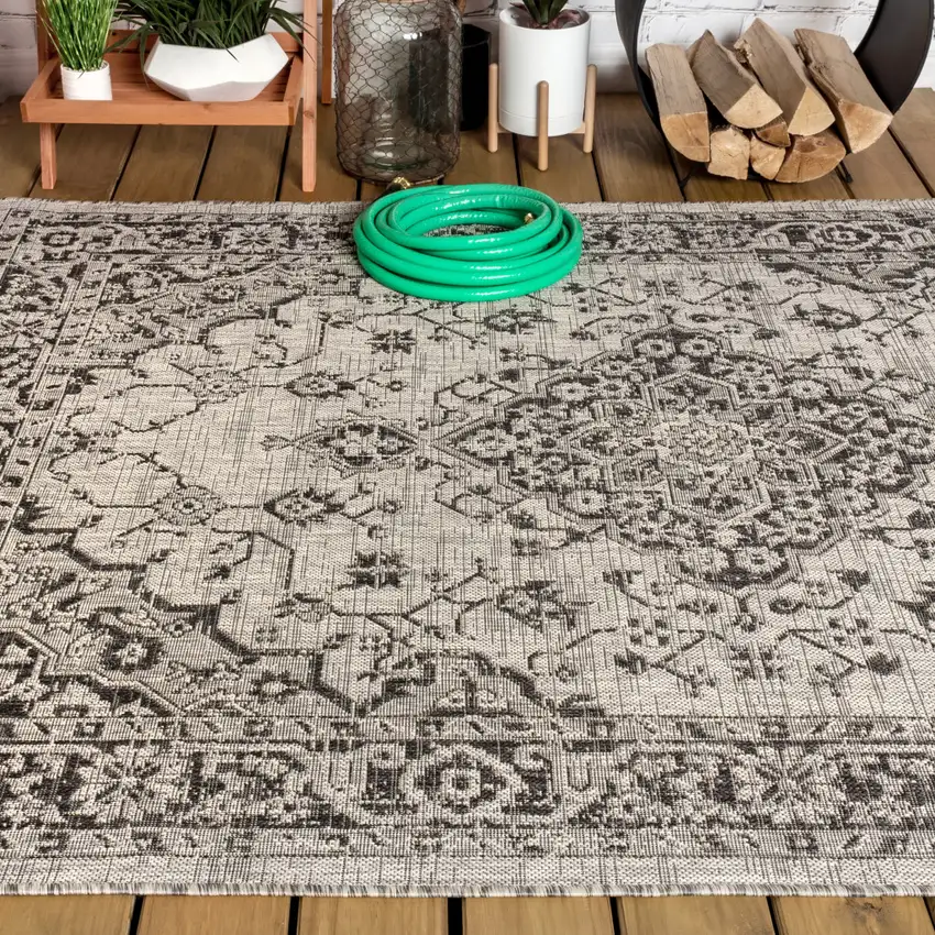 Gray And Black Medallion Indoor Outdoor Area Rug Photo 7