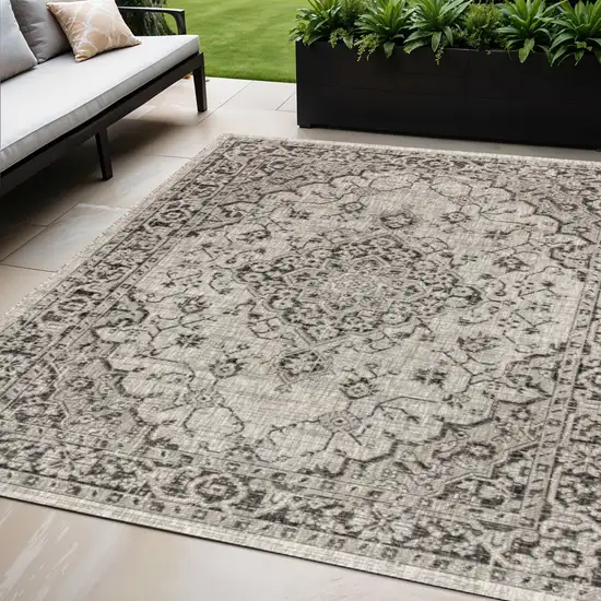 Gray And Black Medallion Indoor Outdoor Area Rug Photo 1