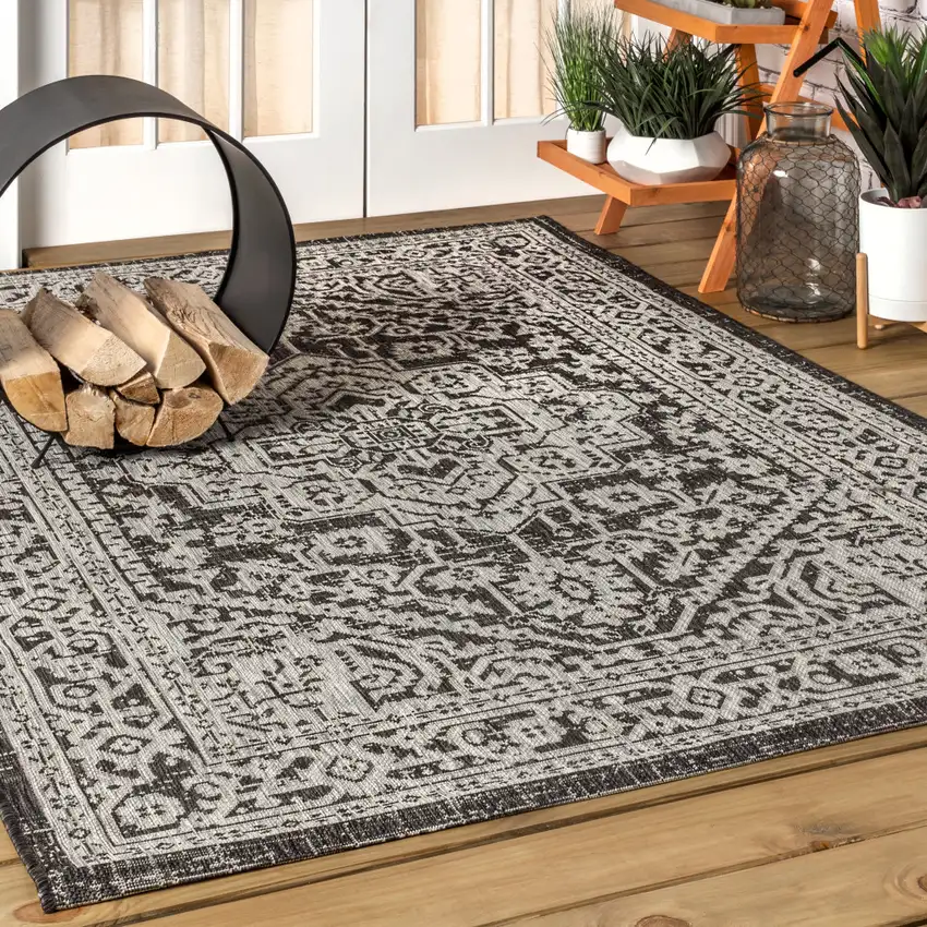 Gray And Black Medallion Indoor Outdoor Area Rug Photo 5