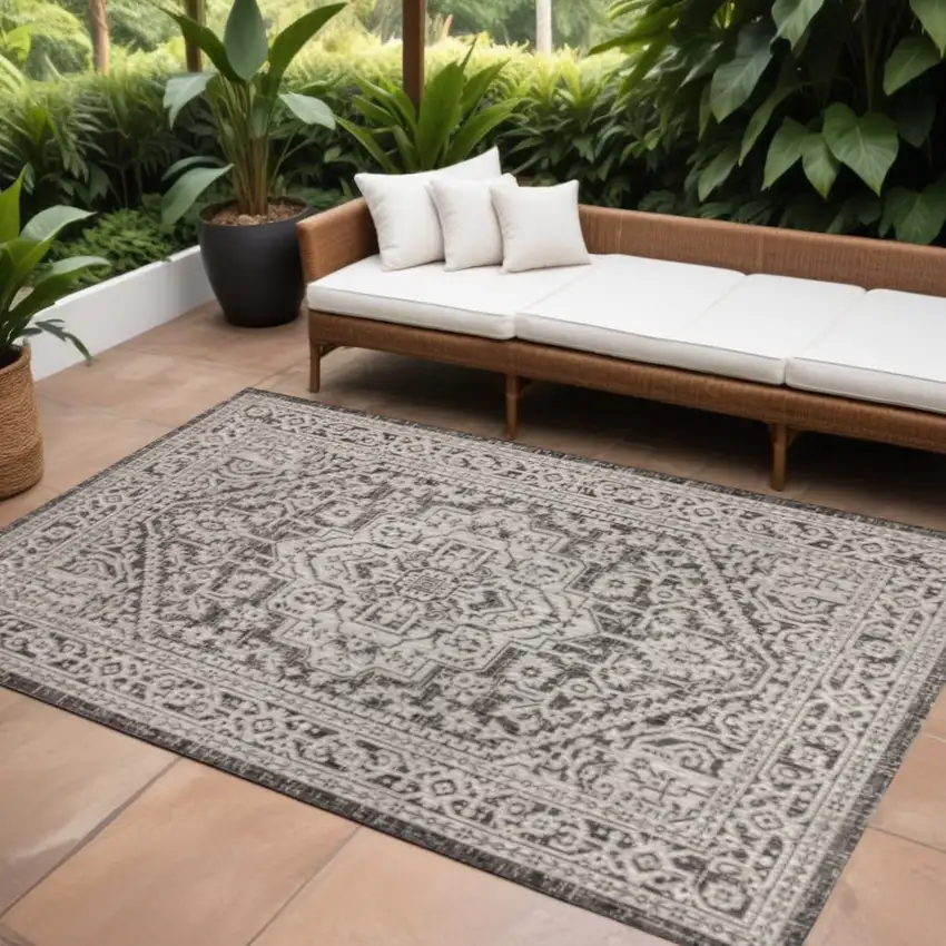 Gray And Black Medallion Indoor Outdoor Area Rug Photo 1