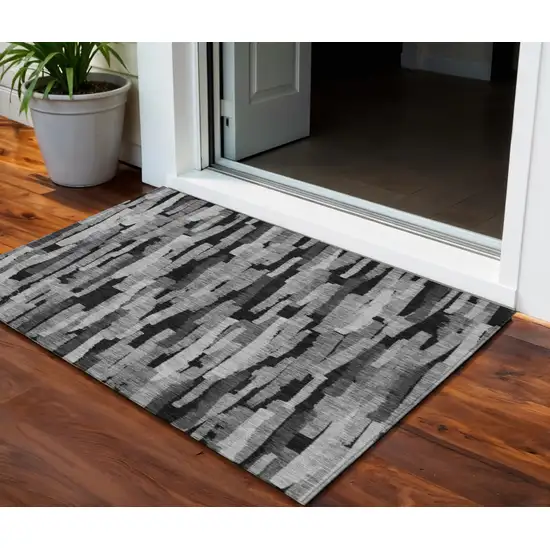 Gray And Black Striped Washable Indoor Outdoor Area Rug Photo 1