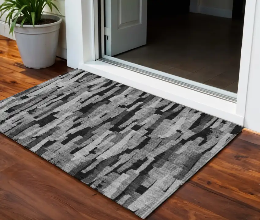 Gray And Black Striped Washable Indoor Outdoor Area Rug Photo 1