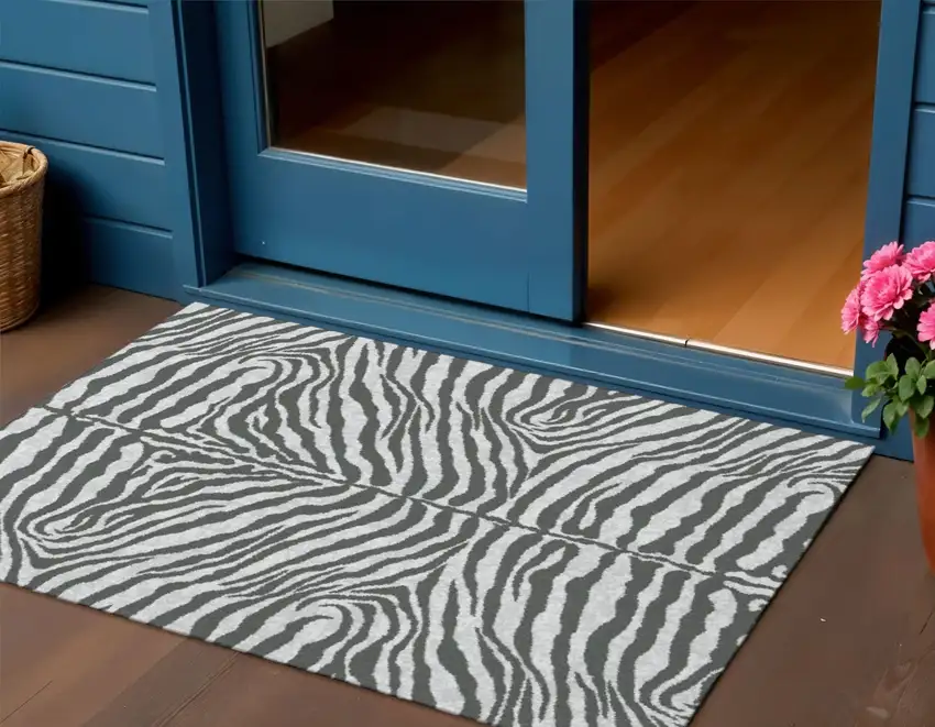 Gray And Black Zebra Print Washable Indoor Outdoor Area Rug Photo 1