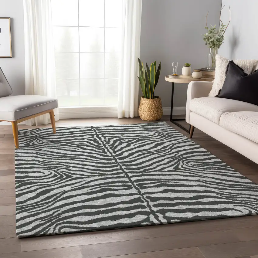 Gray And Black Zebra Print Washable Indoor Outdoor Area Rug Photo 7