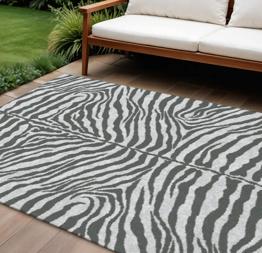 Gray And Black Zebra Print Washable Indoor Outdoor Area Rug Photo 1
