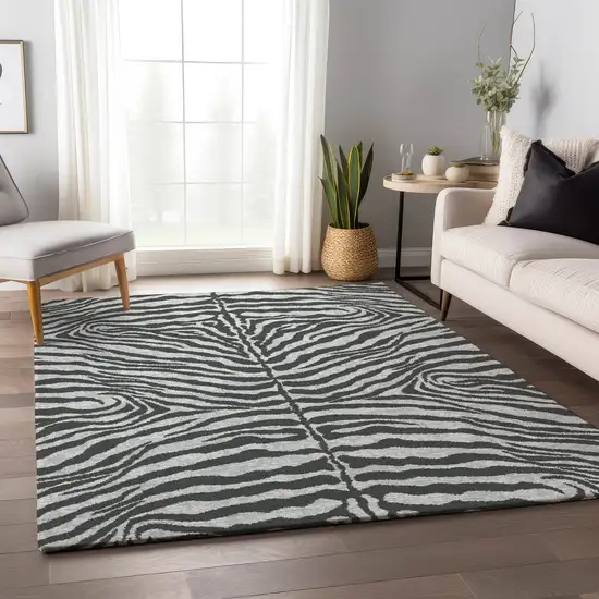Gray And Black Zebra Print Washable Indoor Outdoor Area Rug Photo 8