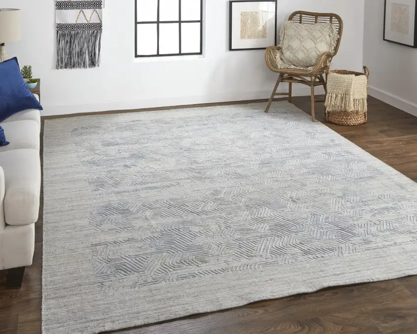 Blue and Gray Abstract Hand Woven Distressed Area Rug Photo 5