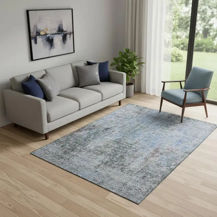 Gray And Blue Abstract Washable Area Rug With UV Protection Photo 1