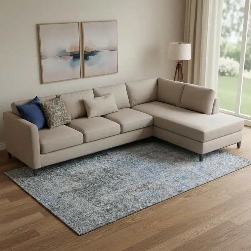 Gray And Blue Abstract Washable Area Rug With UV Protection Photo 1