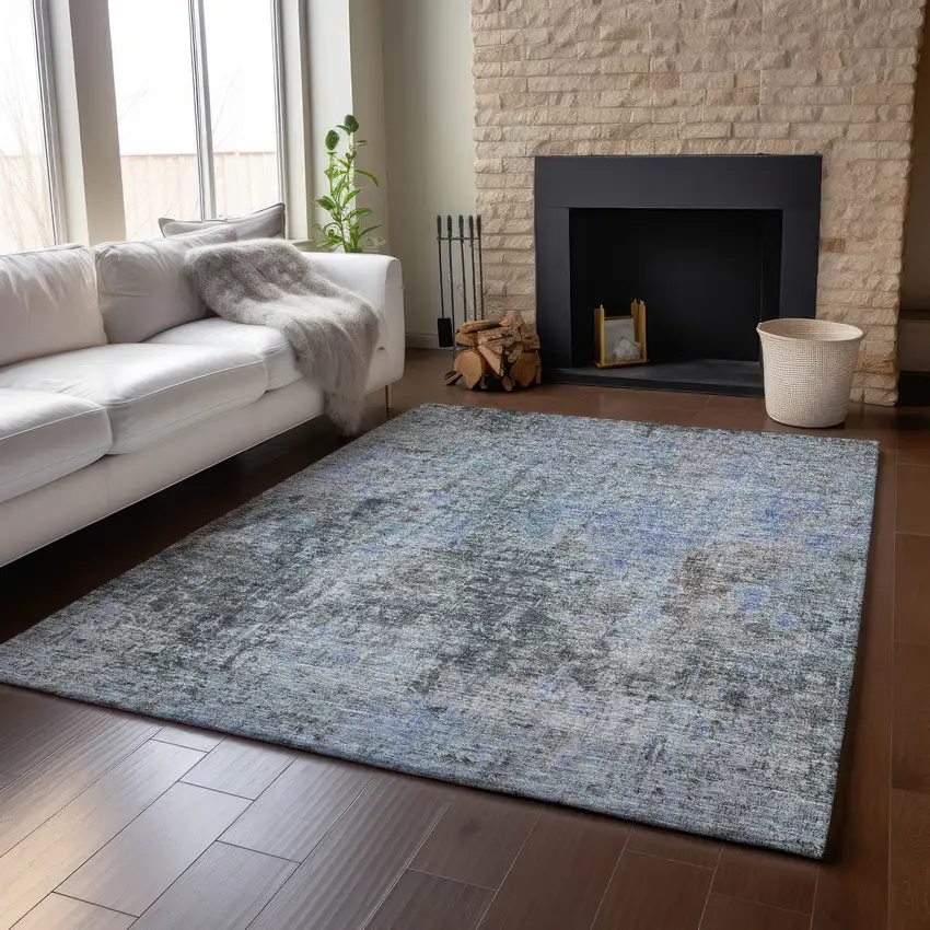 Gray And Blue Abstract Washable Area Rug With UV Protection Photo 5