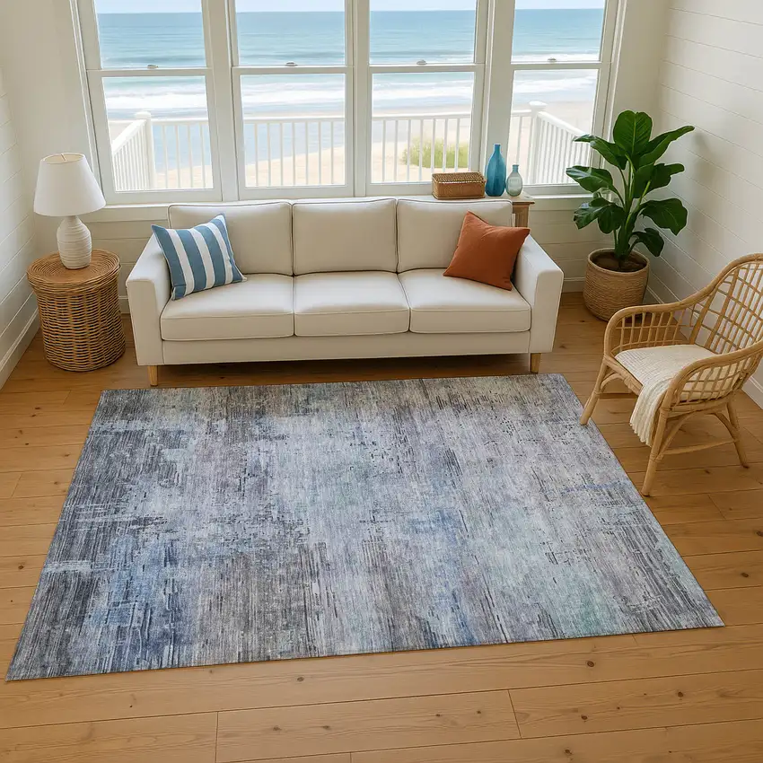 Gray And Blue Abstract Washable Area Rug With UV Protection Photo 6