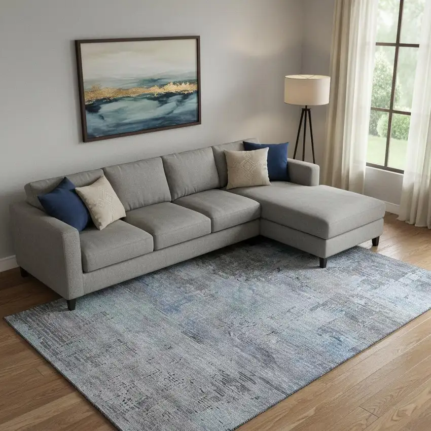 Gray And Blue Abstract Washable Area Rug With UV Protection Photo 2