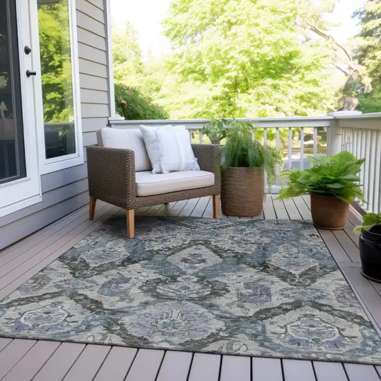 Gray And Blue Damask Washable Indoor Outdoor Area Rug Photo 8
