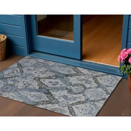 Gray And Blue Damask Washable Indoor Outdoor Area Rug Photo 2