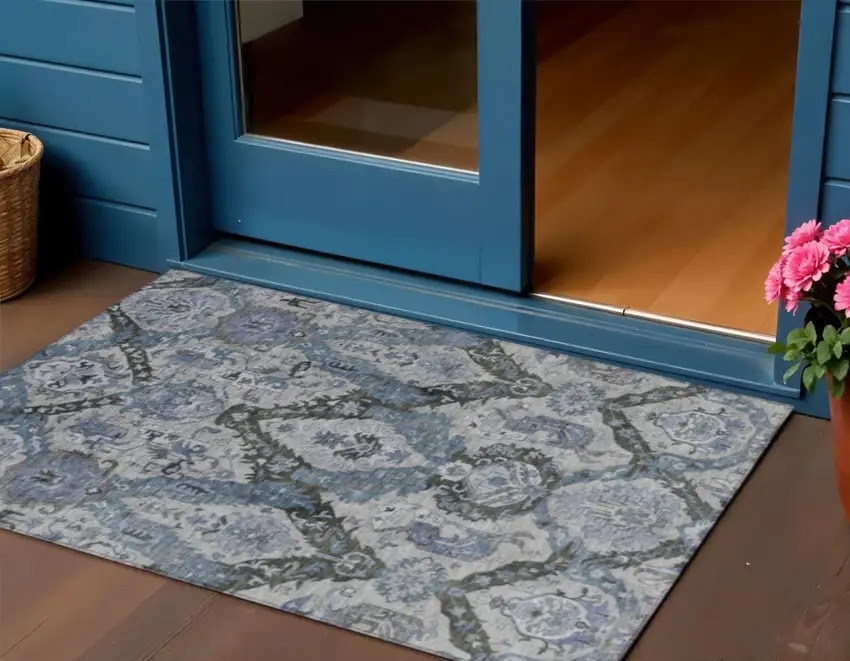 Gray And Blue Damask Washable Indoor Outdoor Area Rug Photo 2