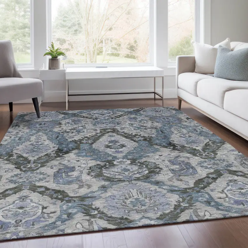 Gray And Blue Damask Washable Indoor Outdoor Area Rug Photo 7