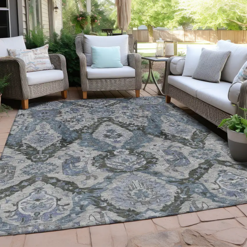 Gray And Blue Damask Washable Indoor Outdoor Area Rug Photo 5