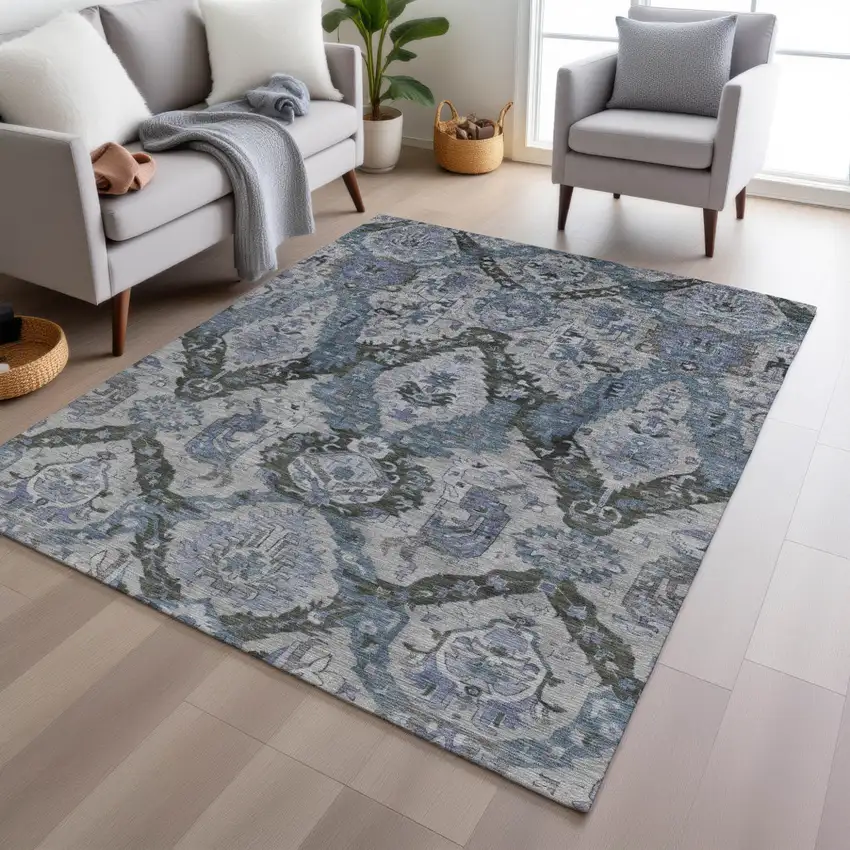 Gray And Blue Damask Washable Indoor Outdoor Area Rug Photo 6