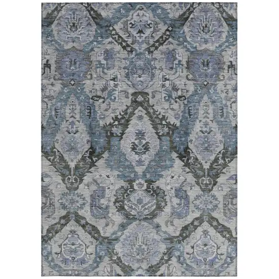 Gray And Blue Damask Washable Indoor Outdoor Area Rug Photo 3
