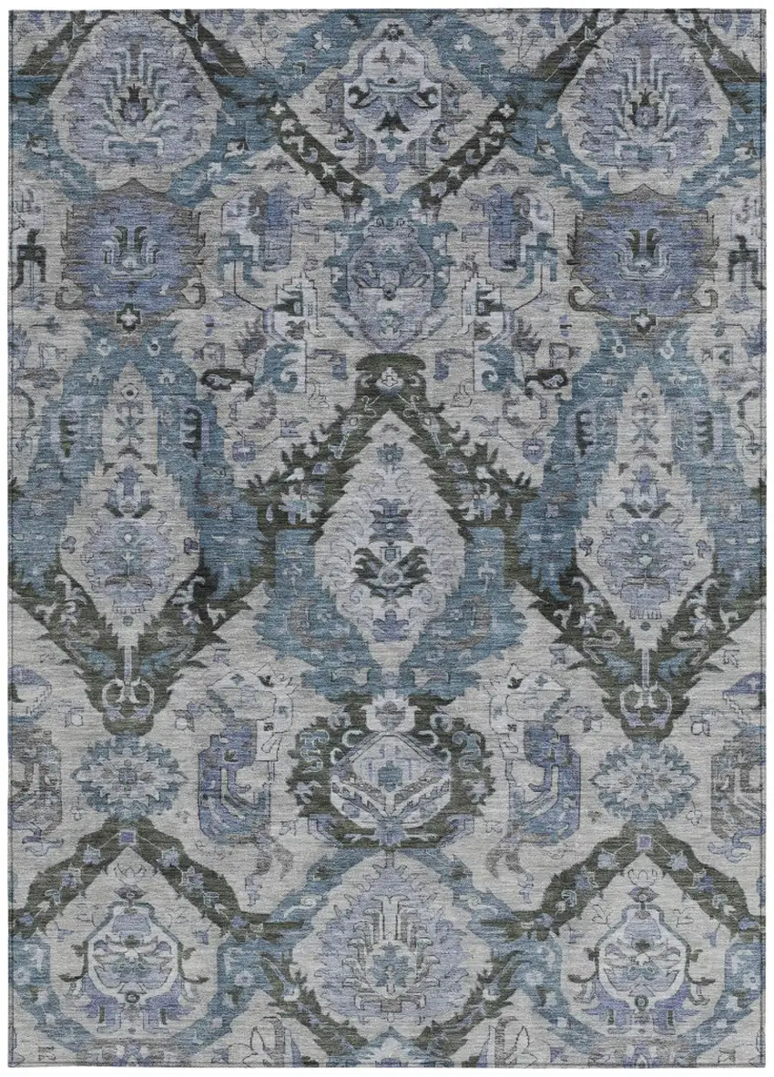 Gray And Blue Damask Washable Indoor Outdoor Area Rug Photo 3