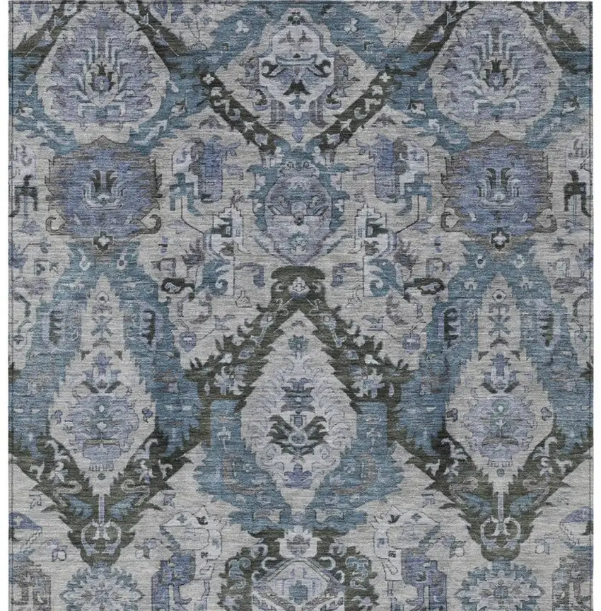 Gray And Blue Damask Washable Indoor Outdoor Area Rug Photo 9