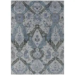 Photo of Gray And Blue Damask Washable Indoor Outdoor Area Rug