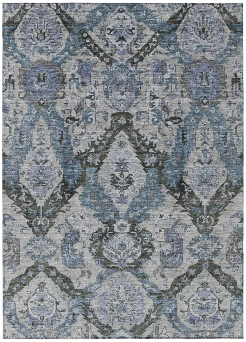Gray And Blue Damask Washable Indoor Outdoor Area Rug Photo 1
