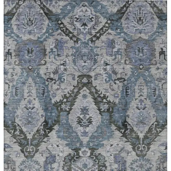 Gray And Blue Damask Washable Indoor Outdoor Area Rug Photo 4