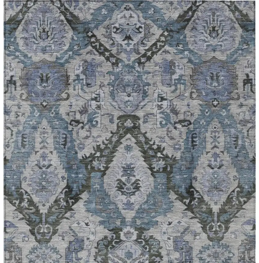 Gray And Blue Damask Washable Indoor Outdoor Area Rug Photo 4