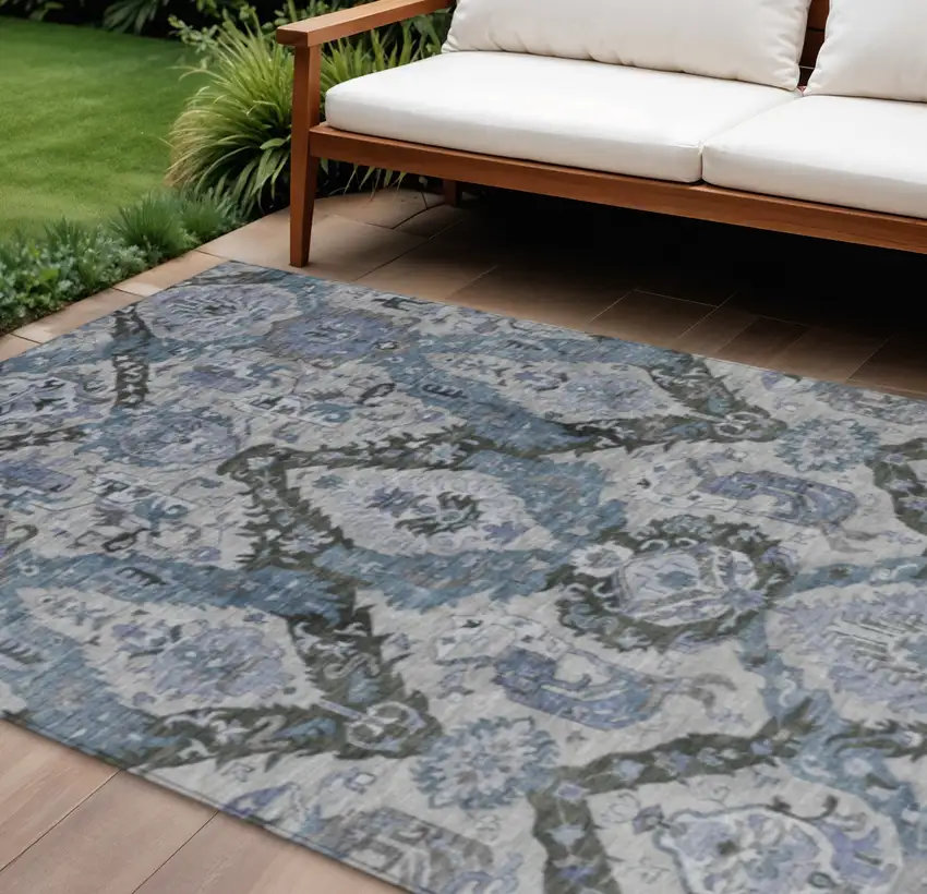 Gray And Blue Damask Washable Indoor Outdoor Area Rug Photo 2