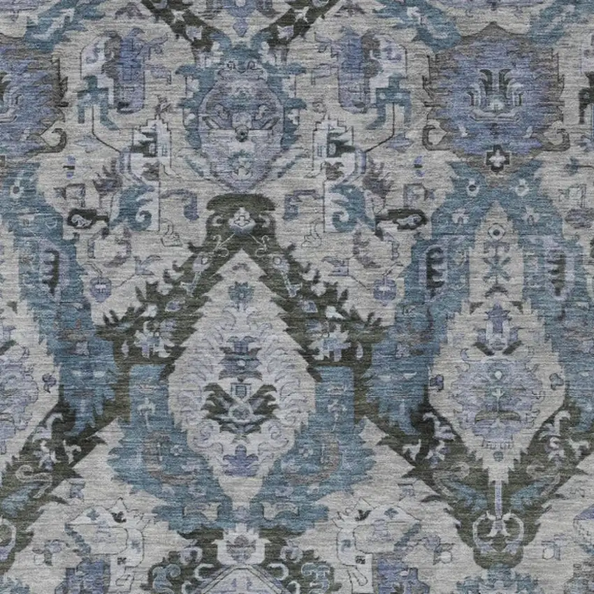 Gray And Blue Damask Washable Indoor Outdoor Area Rug Photo 3