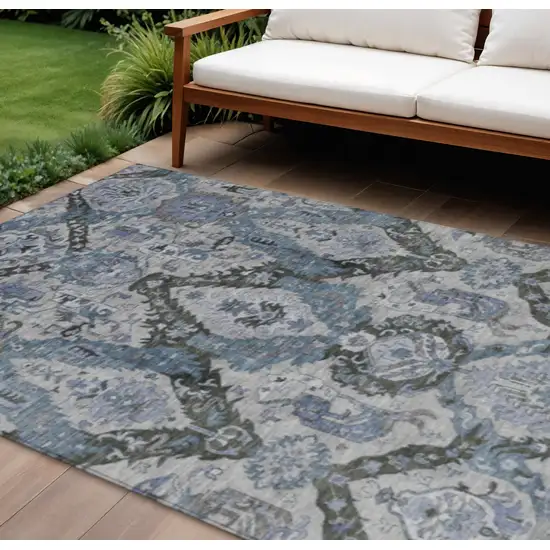 Gray And Blue Damask Washable Indoor Outdoor Area Rug Photo 2