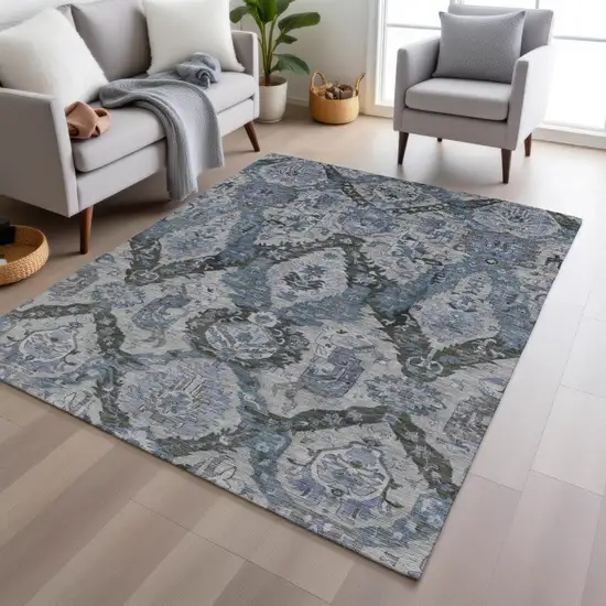 Gray And Blue Damask Washable Indoor Outdoor Area Rug Photo 6