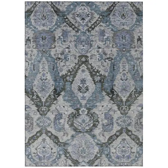 Gray And Blue Damask Washable Indoor Outdoor Area Rug Photo 1