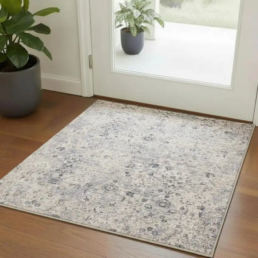 Gray And Blue Floral Square Rug Photo 1