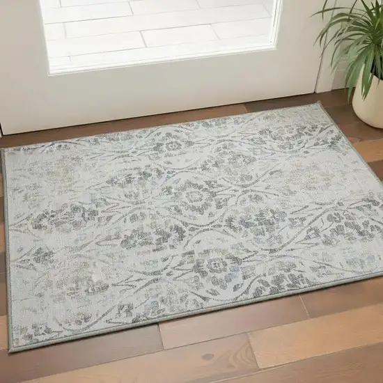 Gray And Blue Floral Washable Area Rug With UV Protection Photo 2