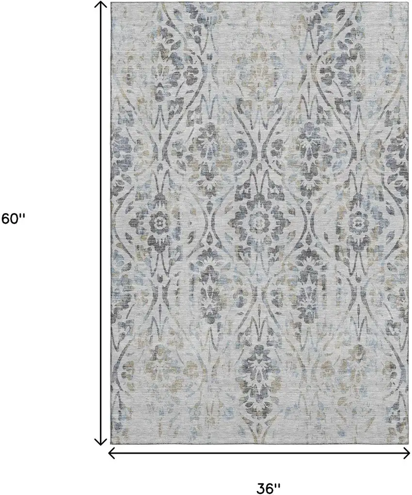 Gray And Blue Floral Washable Area Rug With UV Protection Photo 3