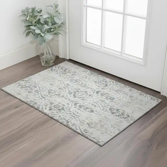 Gray And Blue Floral Washable Area Rug With UV Protection Photo 1
