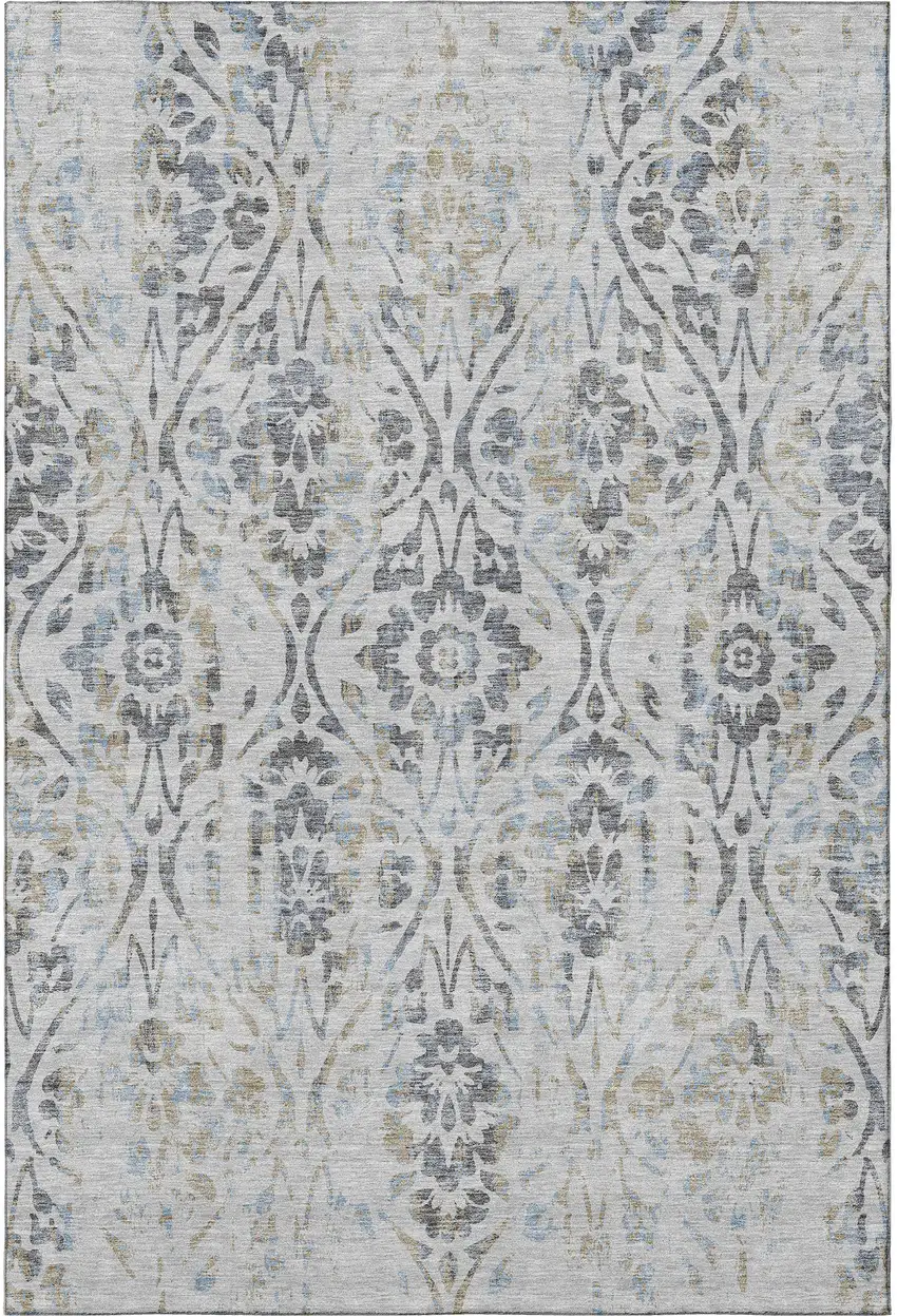 Gray And Blue Floral Washable Area Rug With UV Protection Photo 4