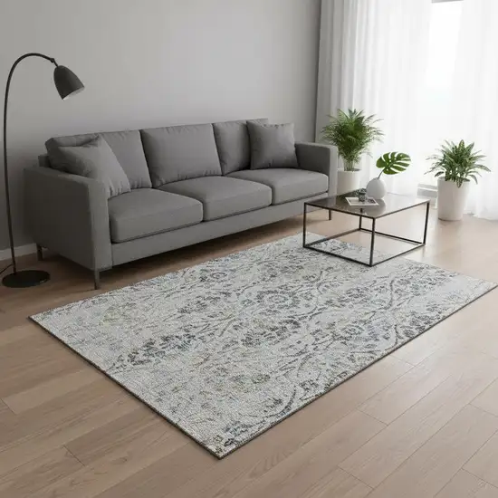 Gray And Blue Floral Washable Area Rug With UV Protection Photo 2