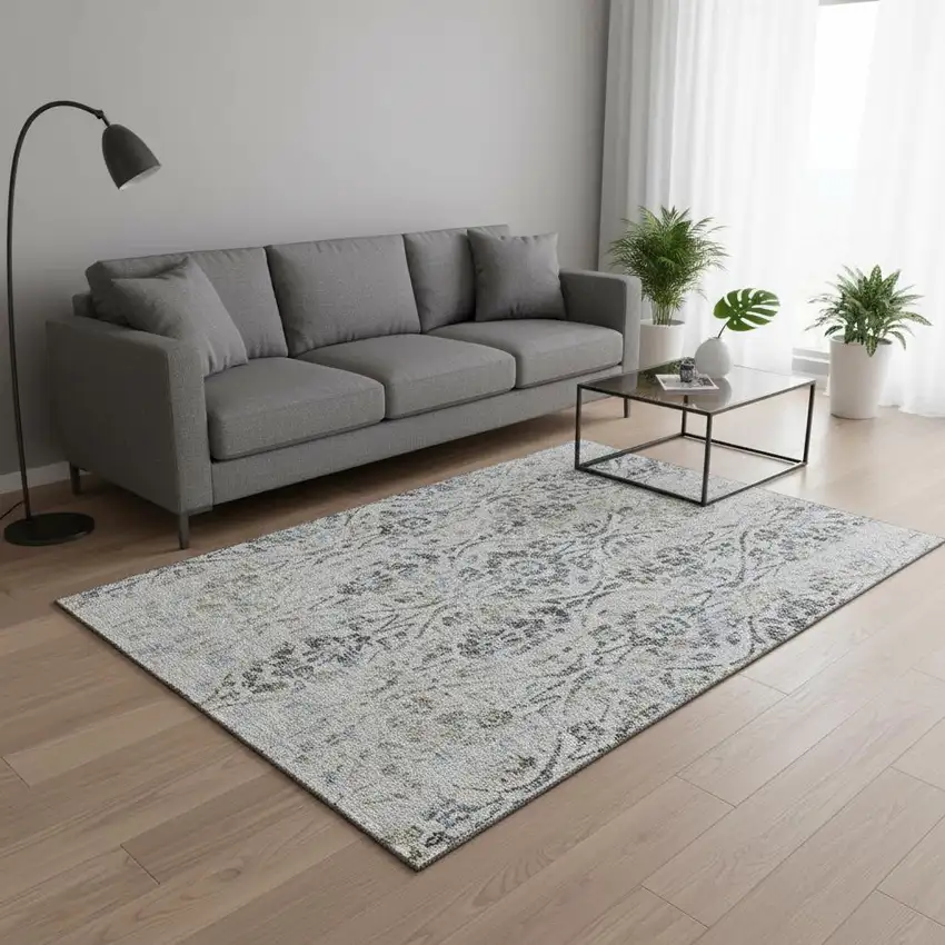 Gray And Blue Floral Washable Area Rug With UV Protection Photo 2