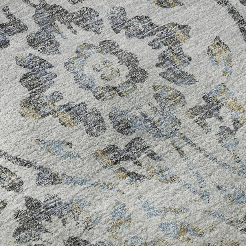 Gray And Blue Floral Washable Area Rug With UV Protection Photo 7